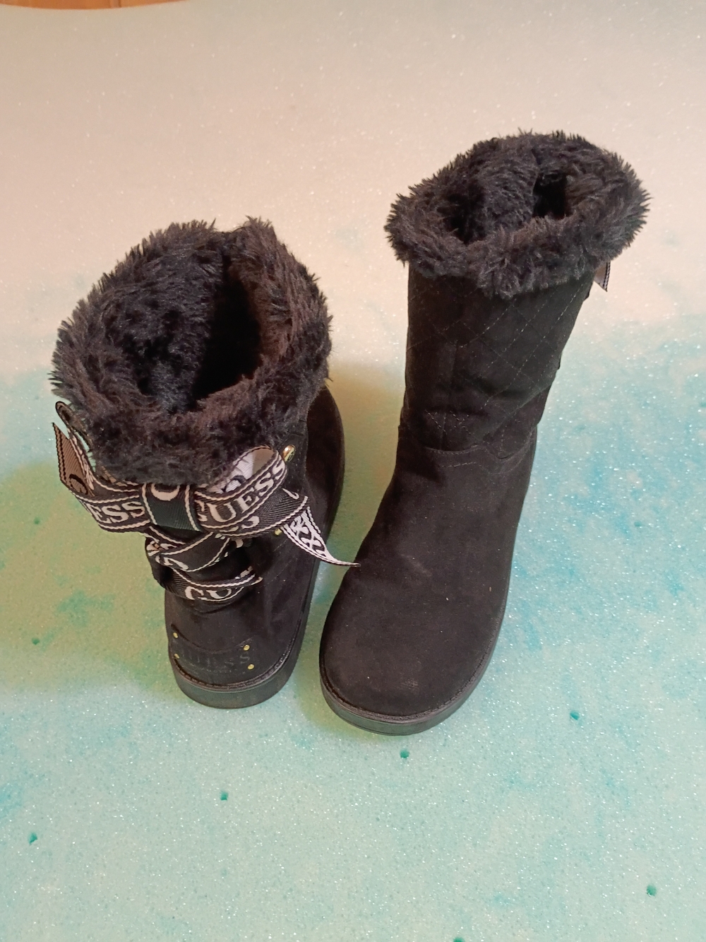 Guess Black Quilted Faux-Fur Winter Boots with Logo Ribbon Detail